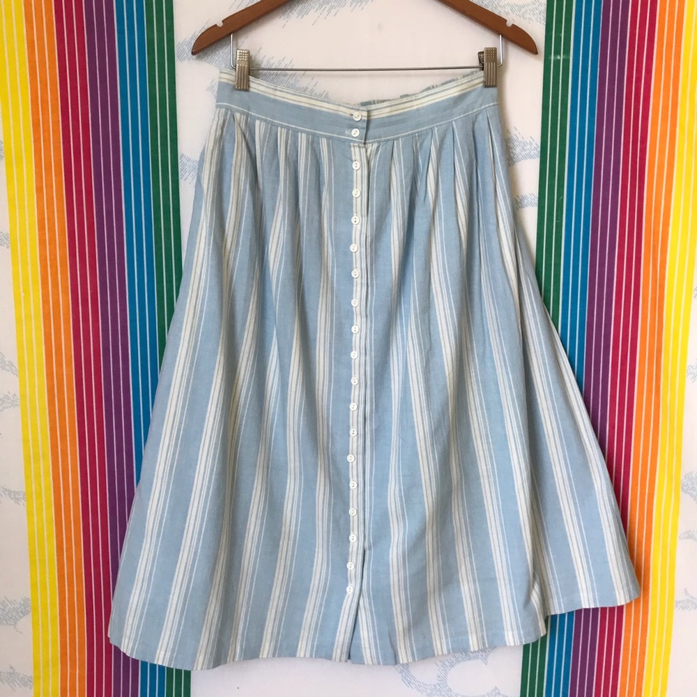 VINTAGE Capistrano cotton button front striped maxi skirt blue white 34 waist